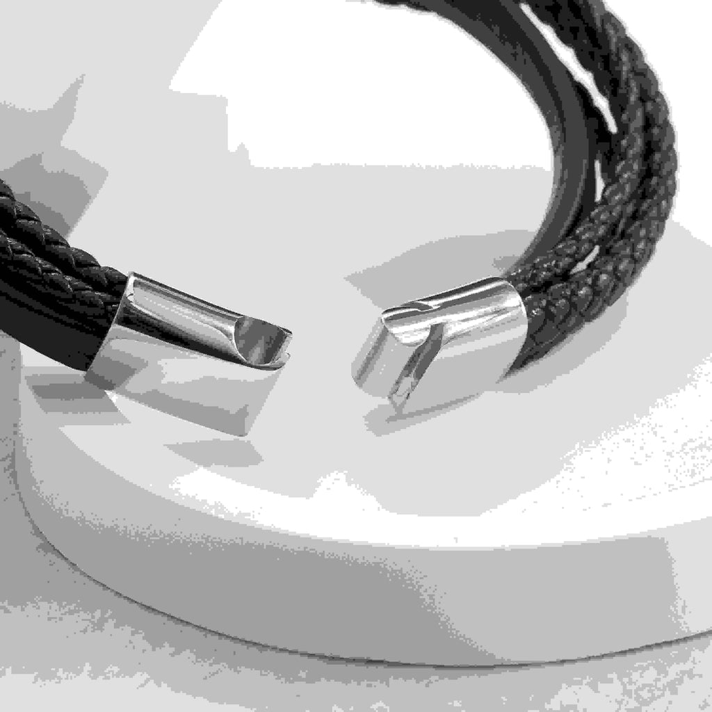 Personalised Men's Travel Compass Stacked Leather Bracelet