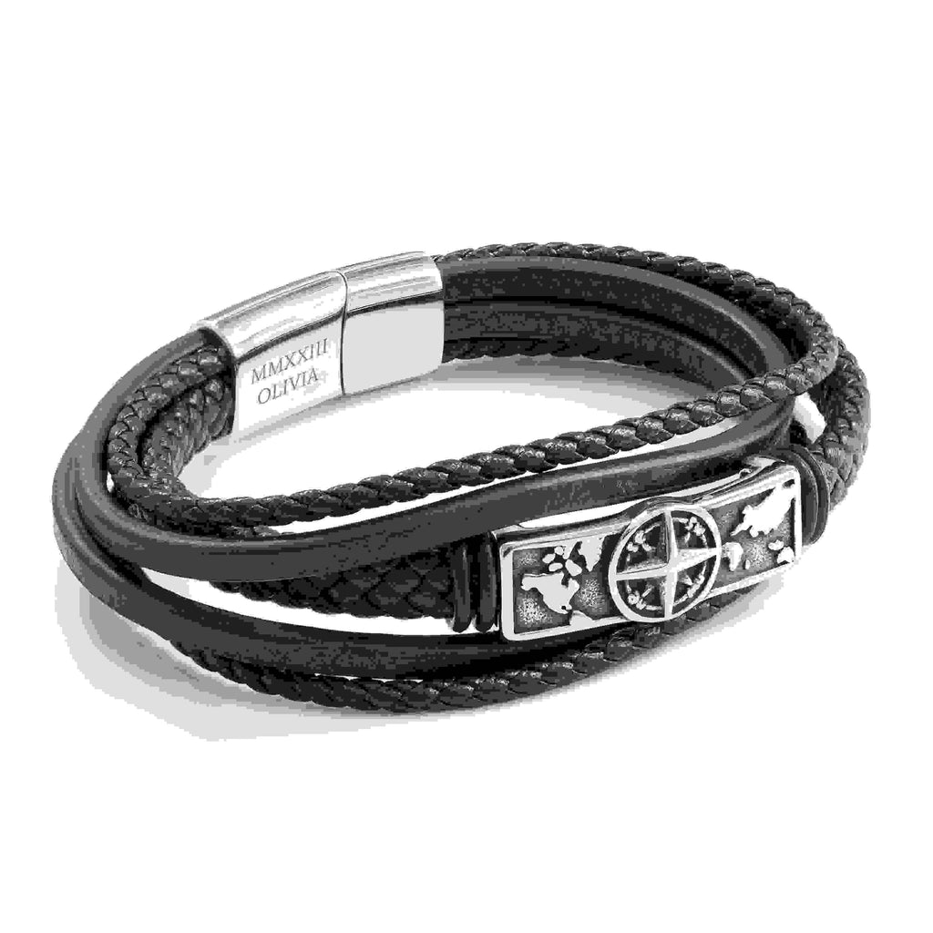 Personalised Men's Travel Compass Stacked Leather Bracelet