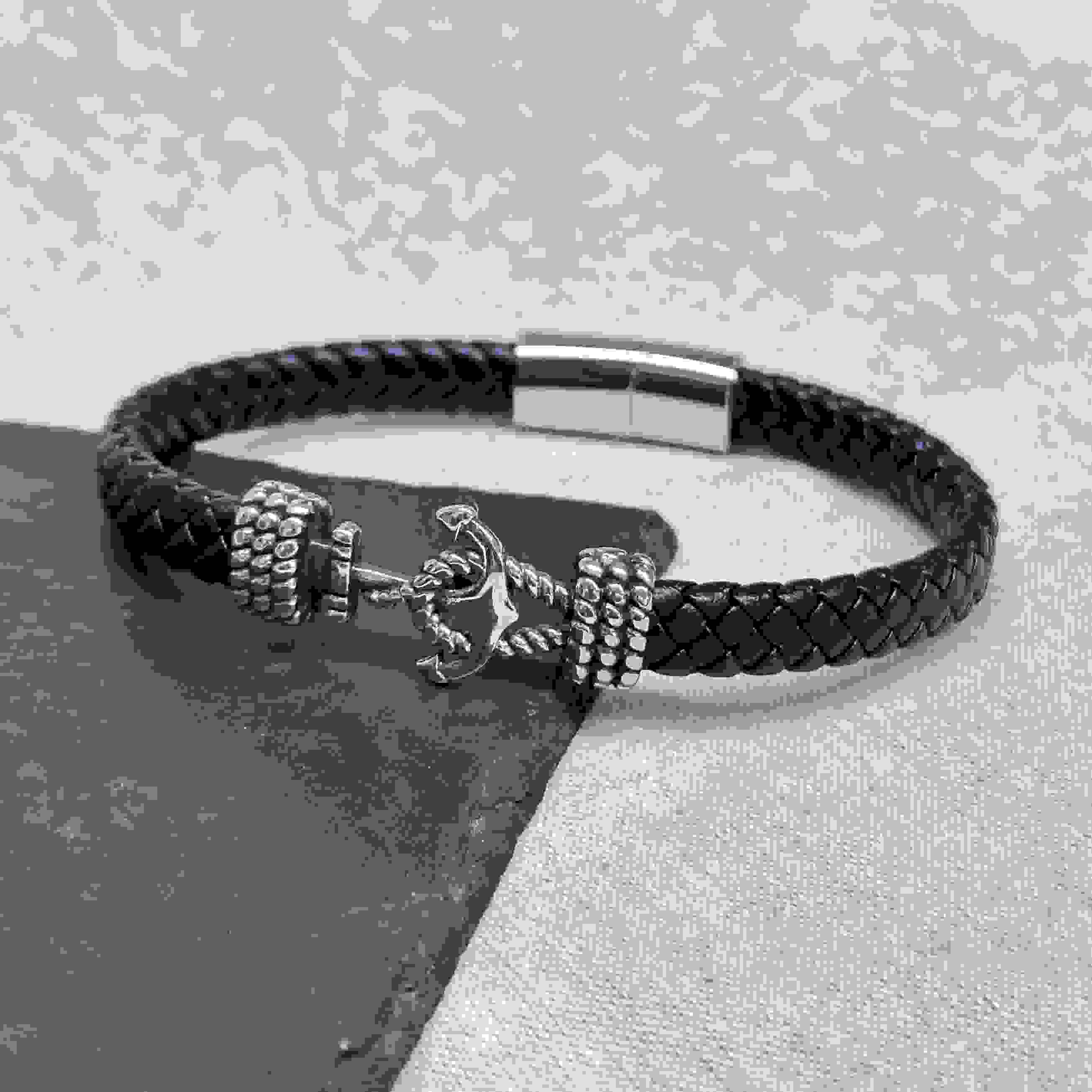 Personalised Men's Woven Leather Anchor Bracelet
