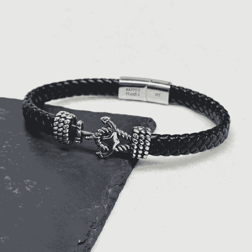 Personalised Men's Woven Leather Anchor Bracelet