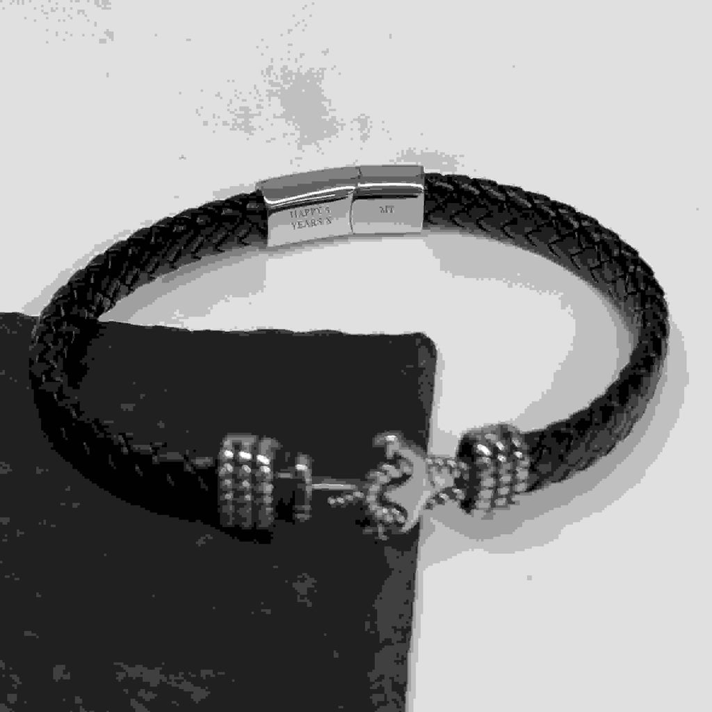 Personalised Men's Woven Leather Anchor Bracelet