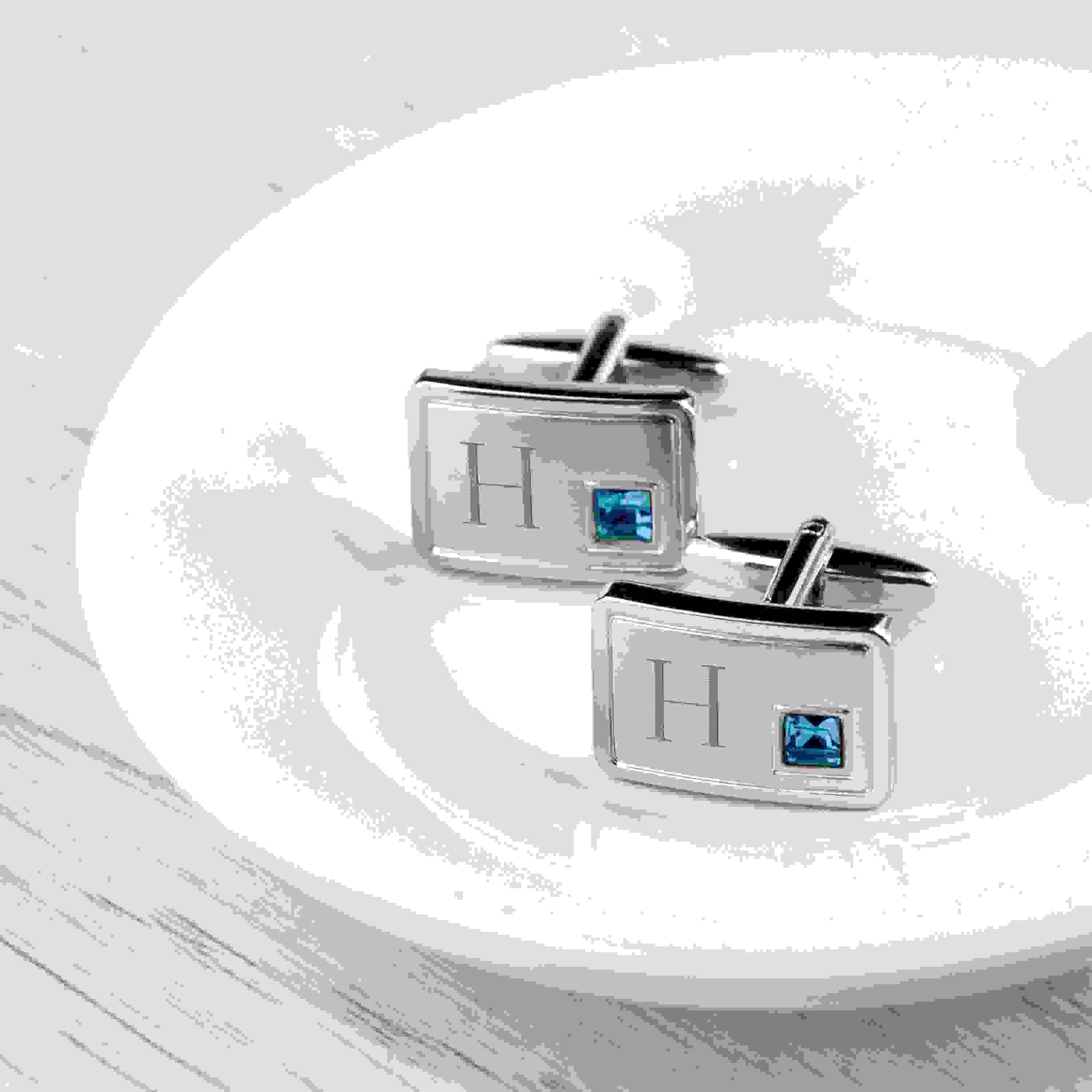 Personalised Rhodium Plated Birthstone Crystal Cufflink Set