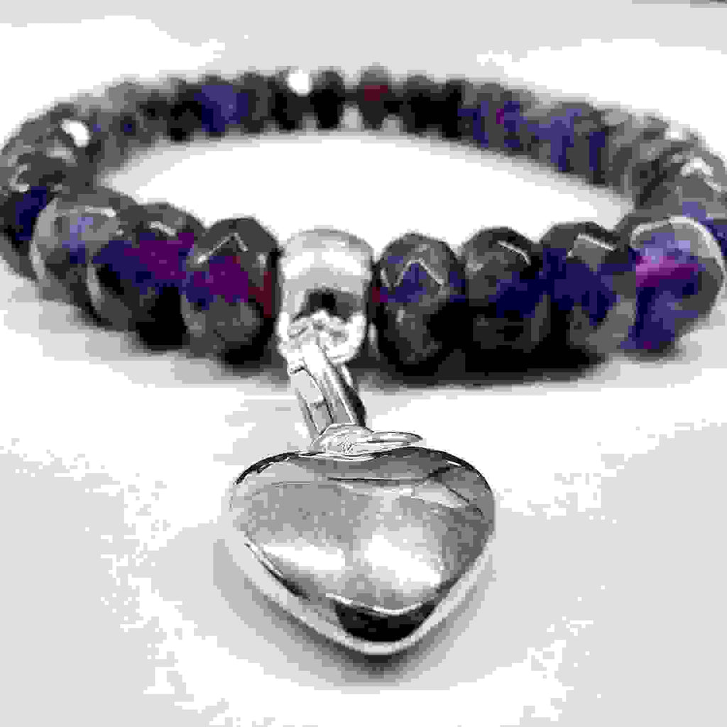 Amethyst Beaded Bracelet with Sterling Silver Heart Charm