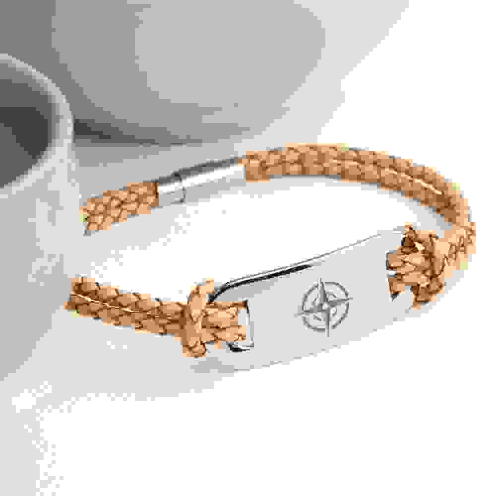Personalised Men's Travel Compass Statement Leather Bracelet
