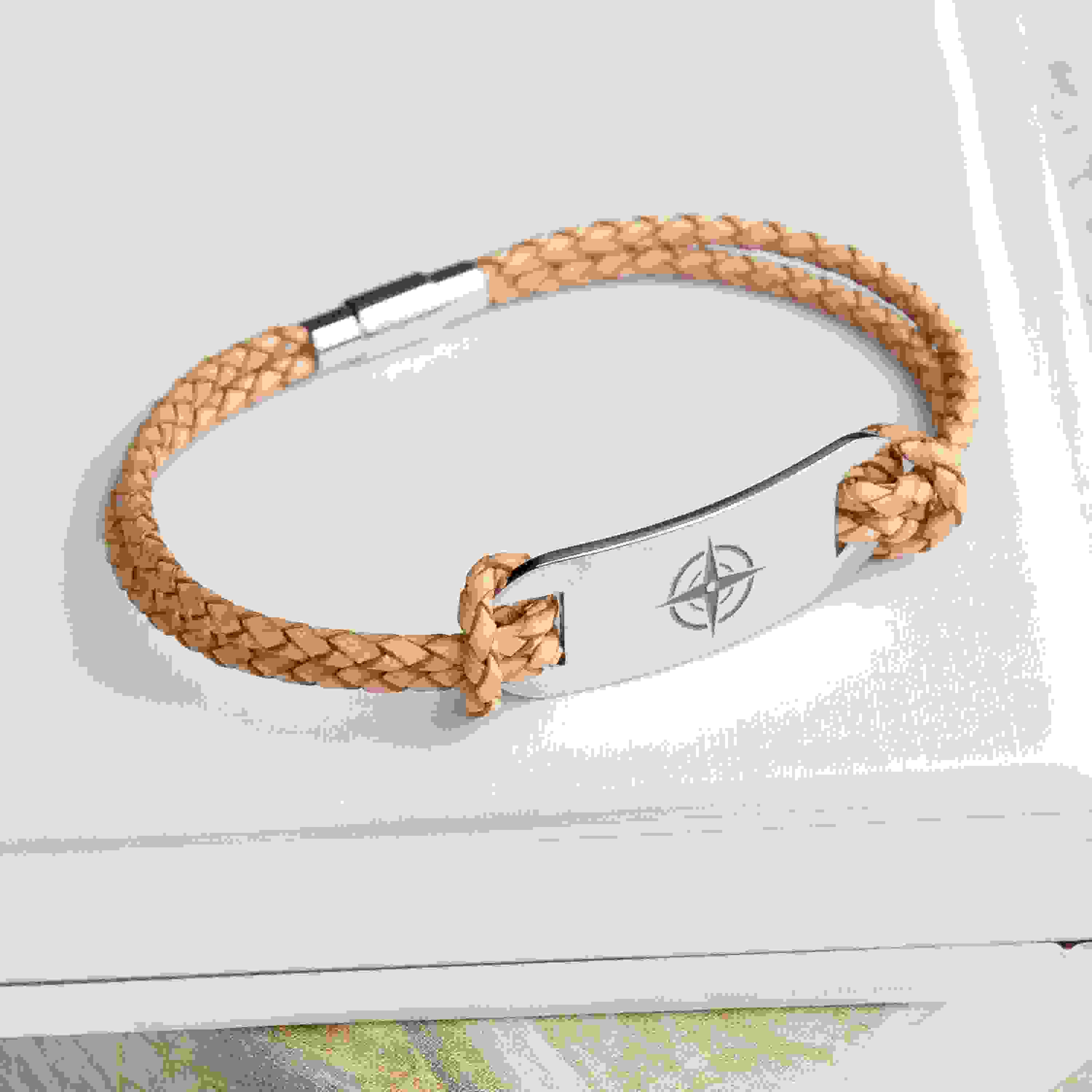 Personalised Men's Travel Compass Statement Leather Bracelet