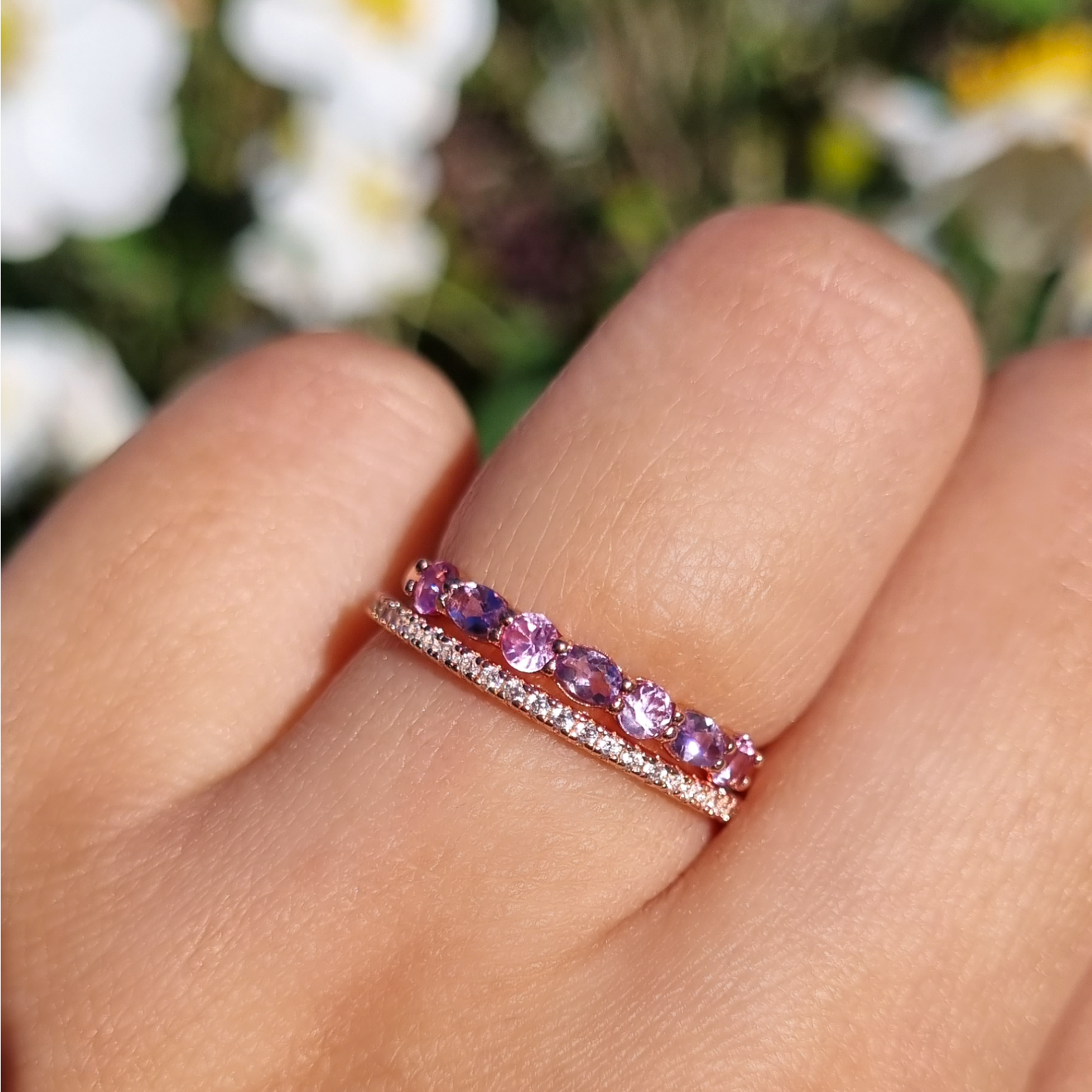Pink Sapphire & Pink Amethyst Half Eternity Band in 18K Rose Gold Vermeil - SJR London Timepiece