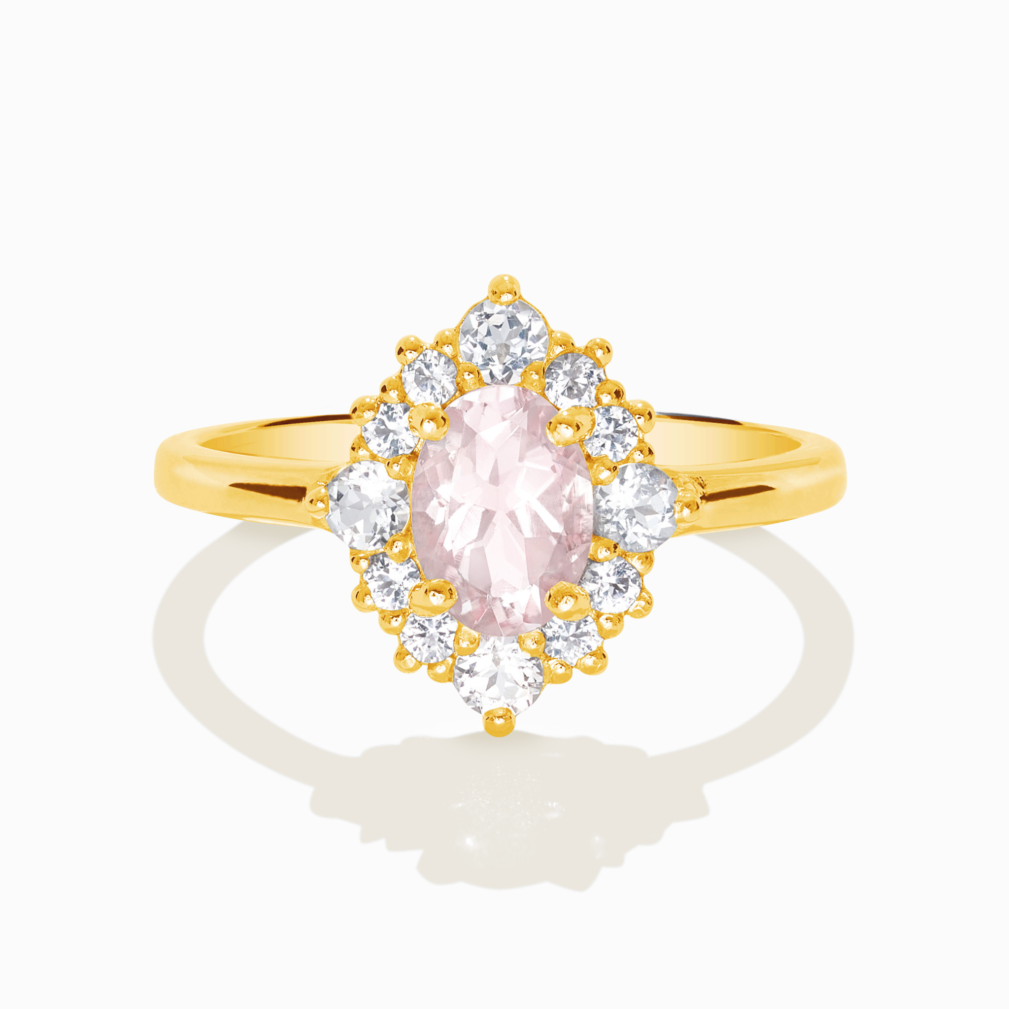 Bague halo en morganite rose en vermeil d'or 18 carats