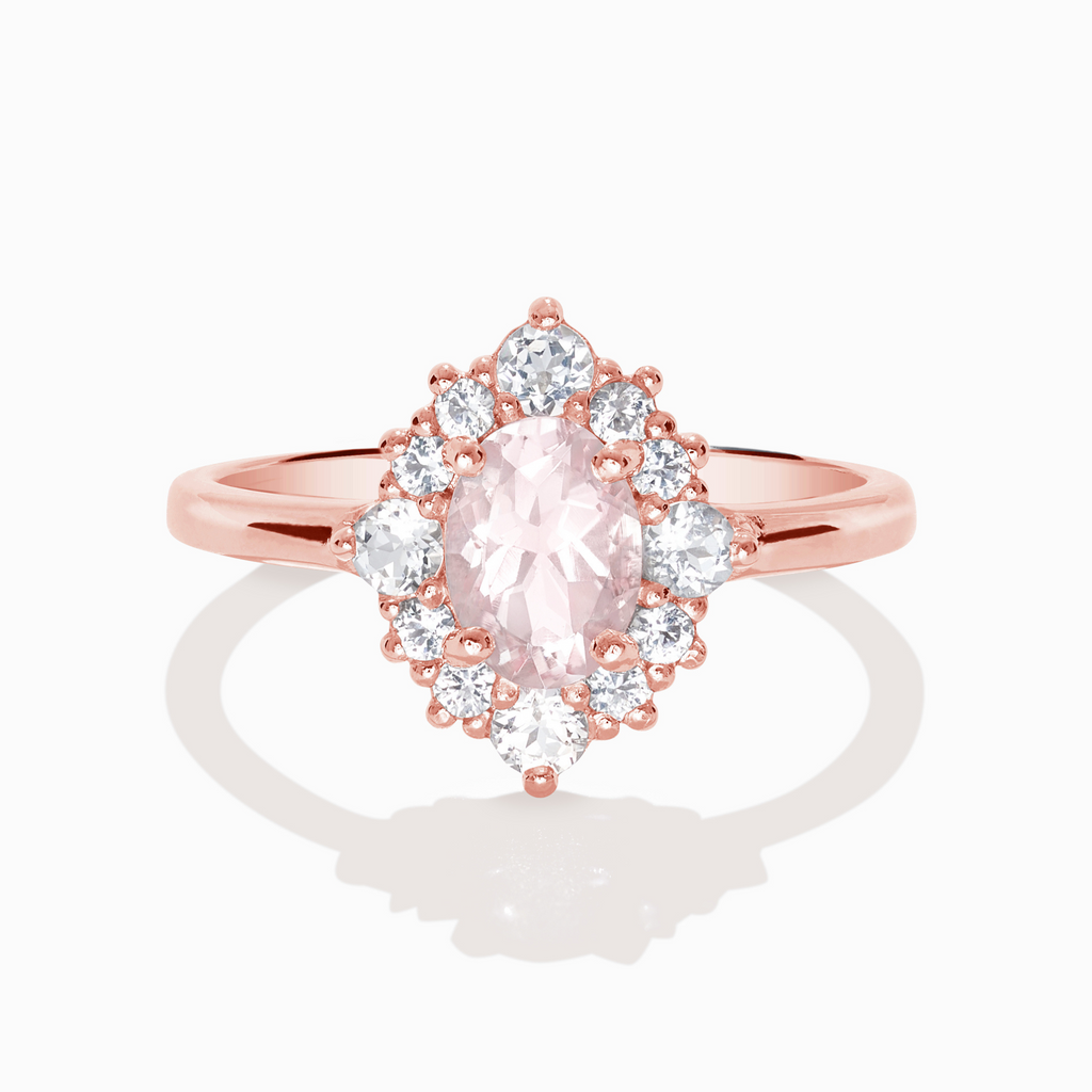 Bague auréole en morganite rose en vermeil rose 18 carats