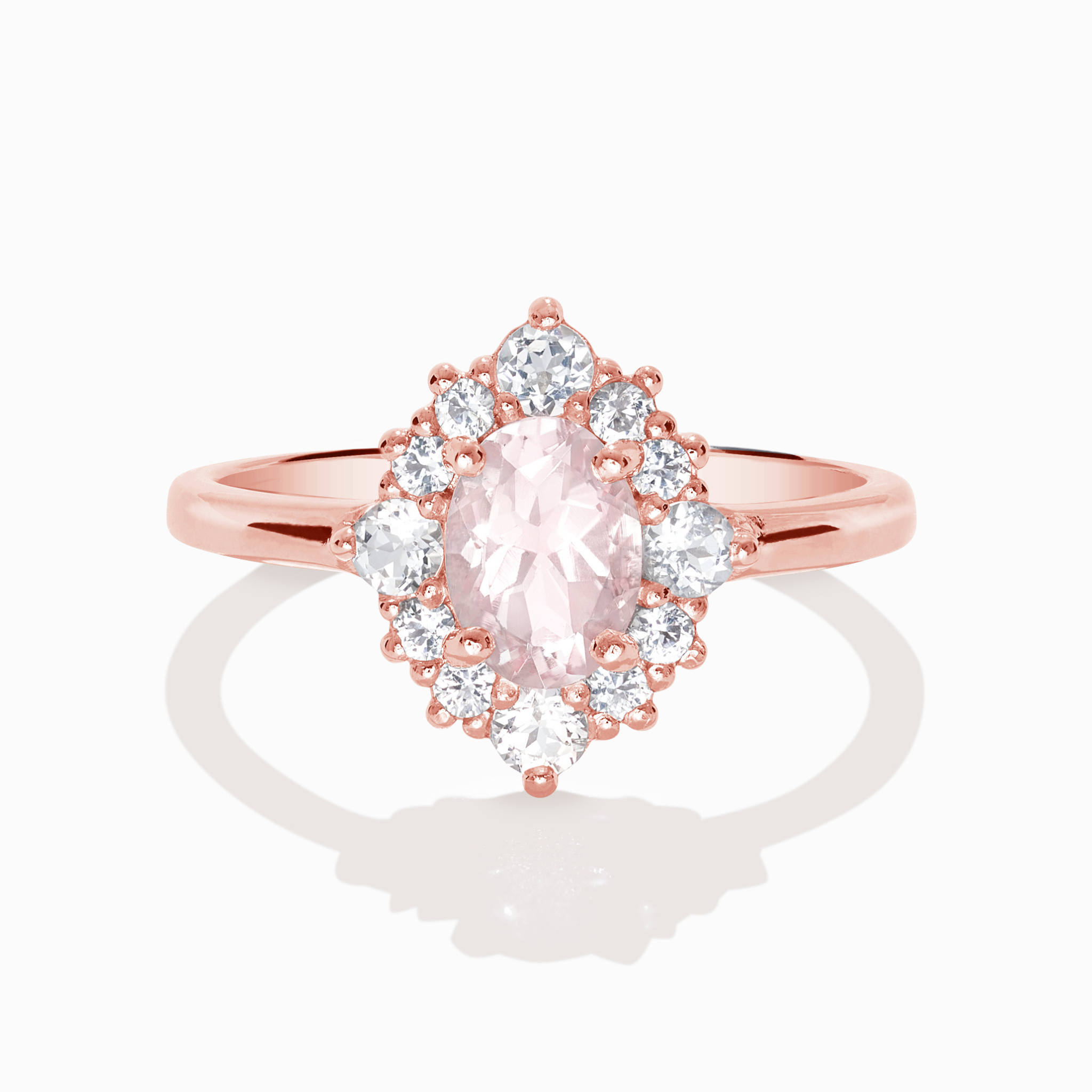 Bague auréole en morganite rose en vermeil rose 18 carats