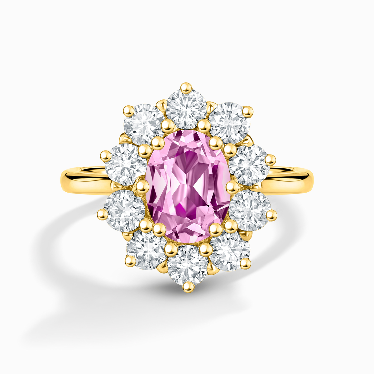 Bague de fiançailles auréole saphir rose en vermeil d'or 18 carats
