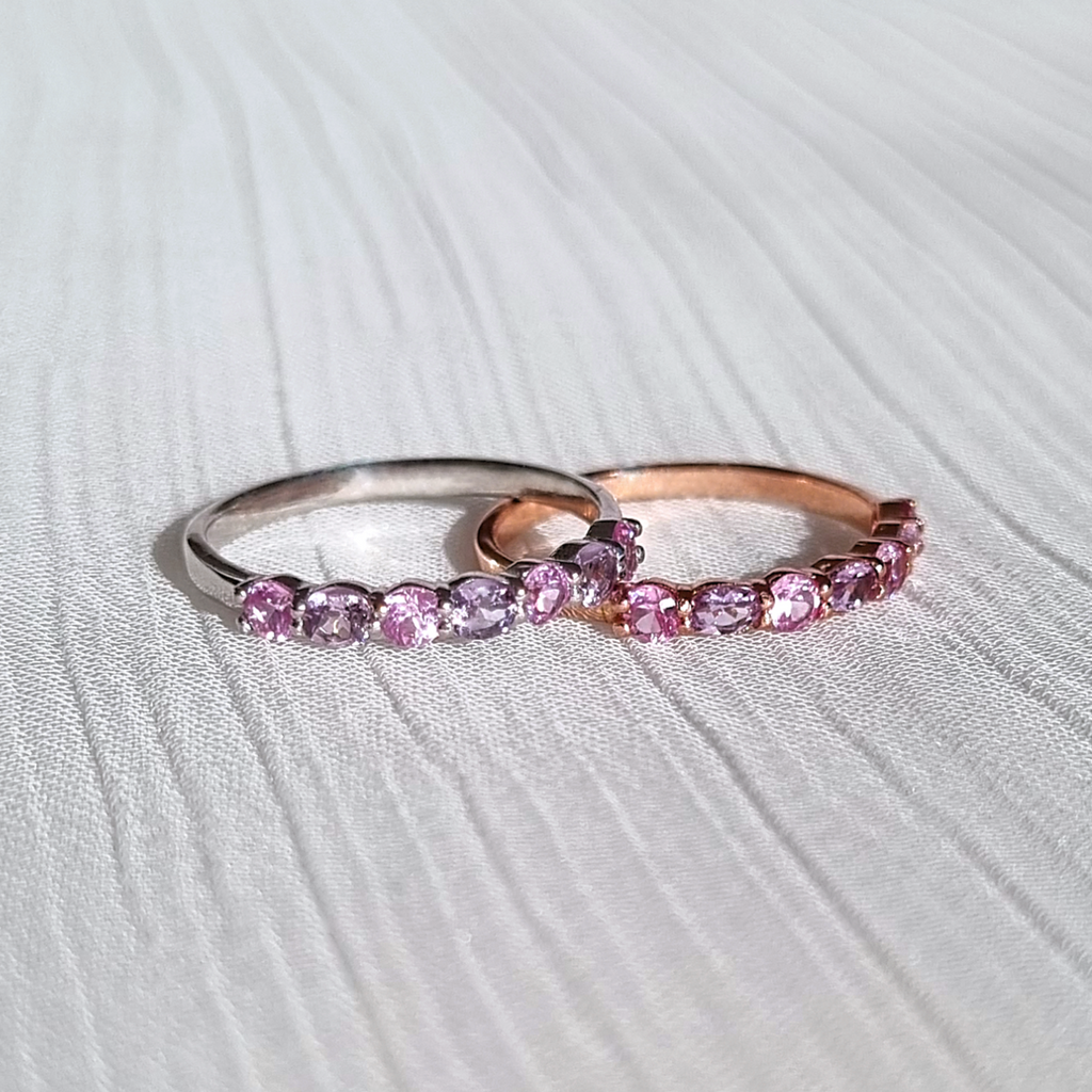 Bague demi-éternité en argent sterling avec saphir rose et améthyste rose