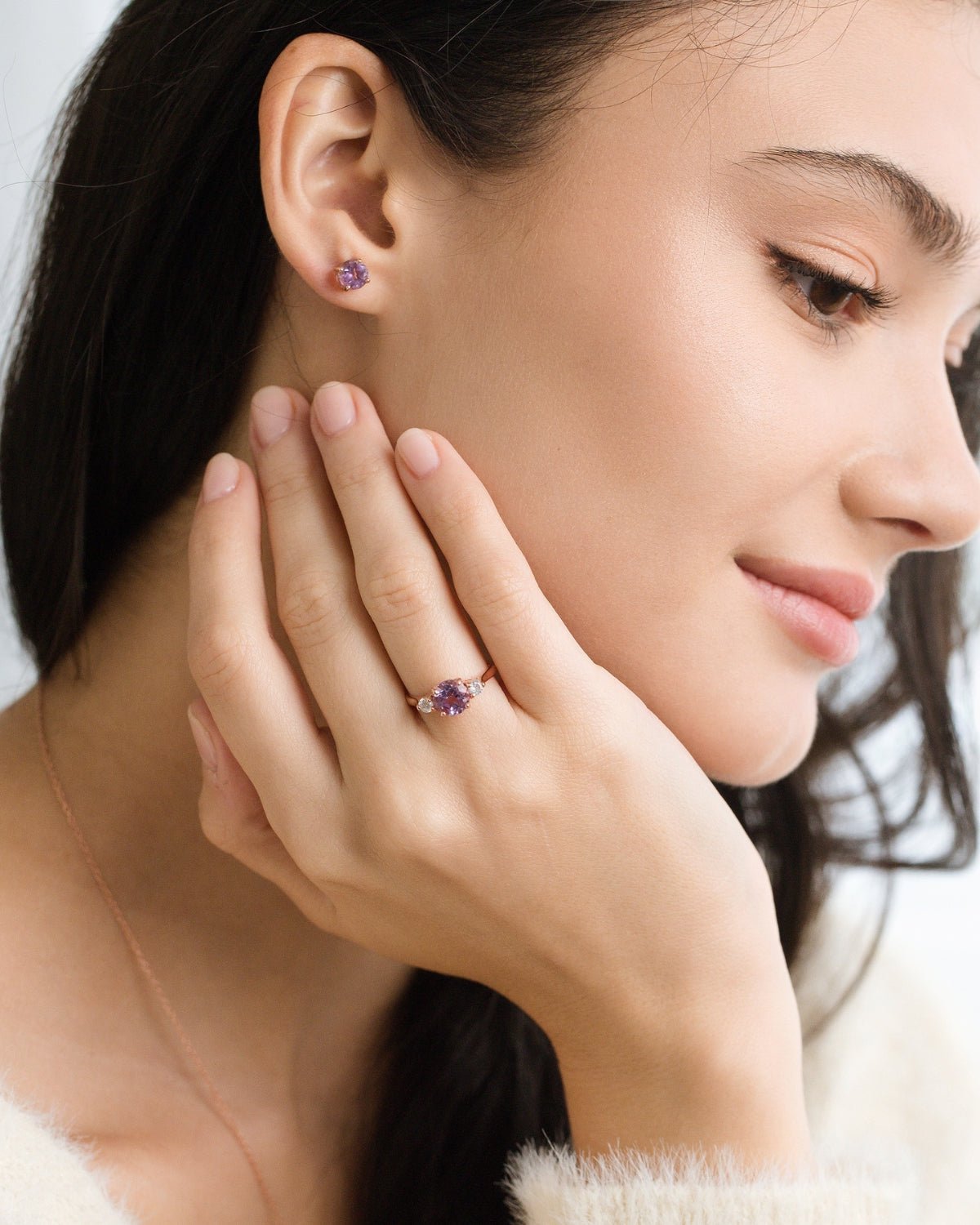 Lavender Amethyst Round Stud Earrings 6 mm in 18k Rose Gold Vermeil - SJR London Timepiece