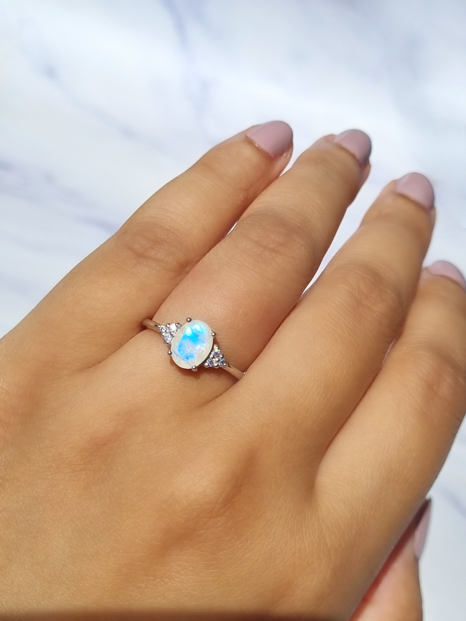 Rainbow Moonstone Ring in Sterling Silver (Oval Cut) - SJR London Timepiece