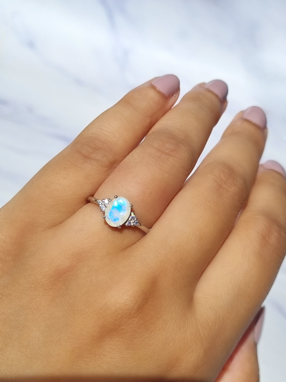 Rainbow Moonstone Ring in Sterling Silver (Oval Cut) - SJR London Timepiece