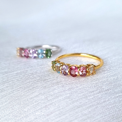 Rainbow Multicoloured Gemstone Half Eternity Ring in 18k Gold Vermeil - SJR London Timepiece