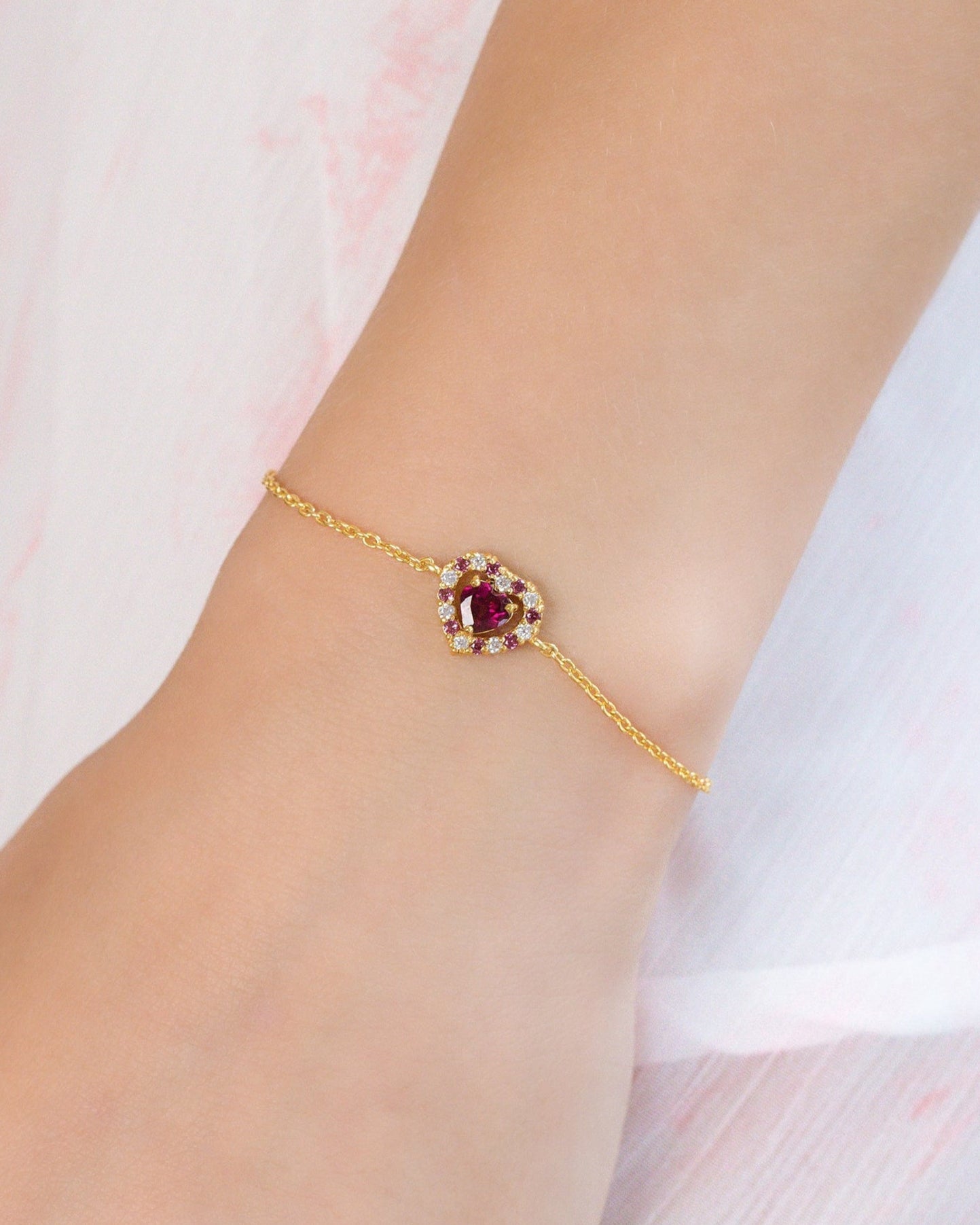 Red Heart Rhodolite Garnet Bracelet in 18k Gold Vermeil - SJR London Timepiece