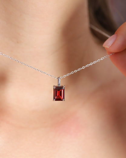 Garnet Emerald Cut Pendant Necklace in Sterling Silver - SJR London Timepiece