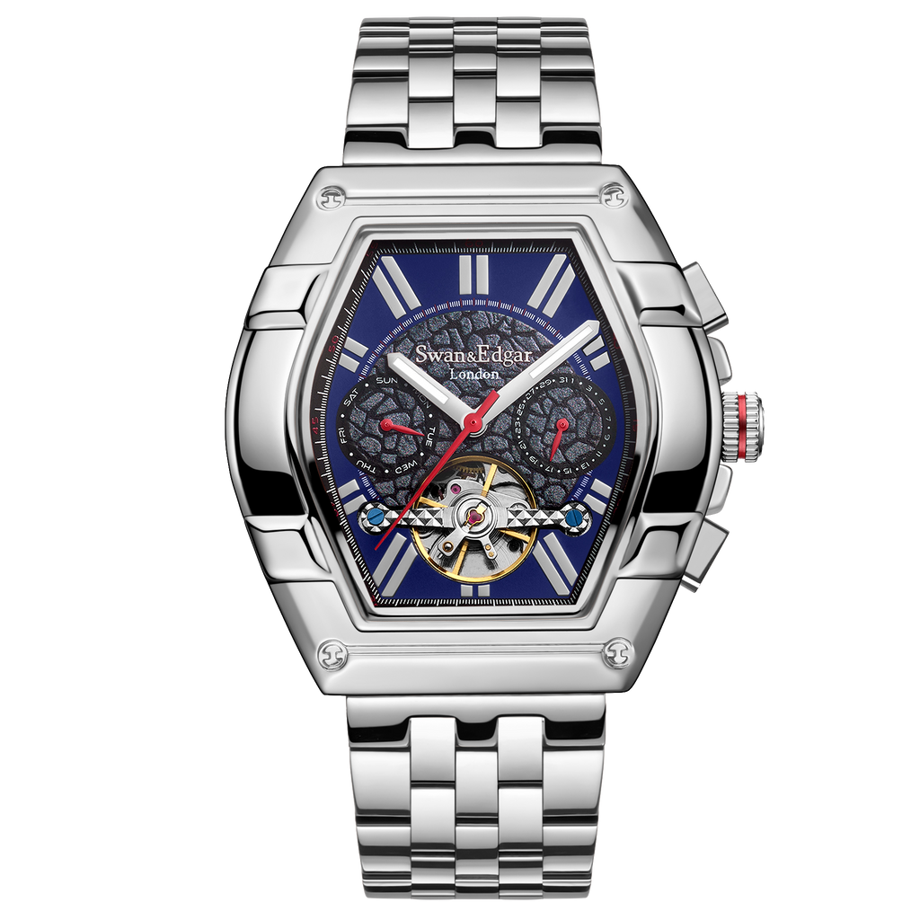 Montre automatique Swan & Edgar Hand Assembled Knight Exhibition, édition limitée, argent et bleu marine