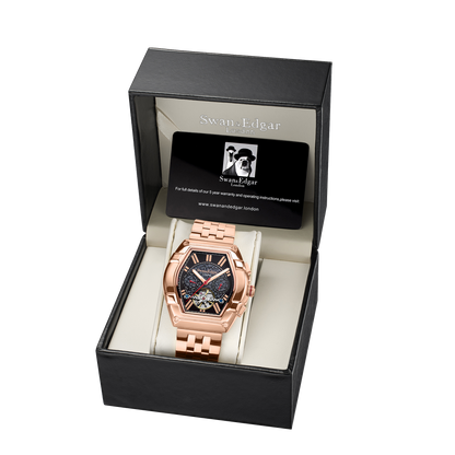 Limited Edition Swan & Edgar Hand Assembled Knight Exhibition Automatic Rose Black - SJR London Timepiece