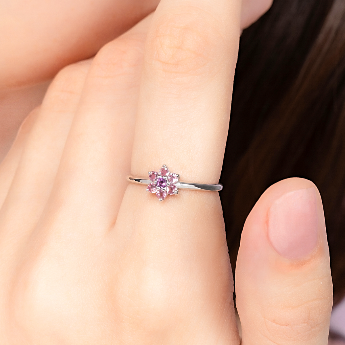 Bague fleur en tourmaline rose et améthyste en argent sterling