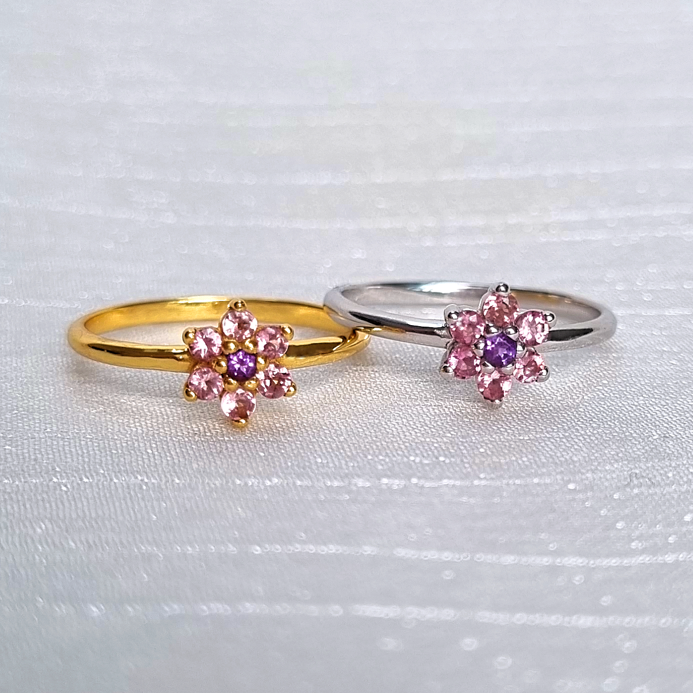 Pink Tourmaline and Amethyst Flower Ring in Sterling Silver - SJR London Timepiece