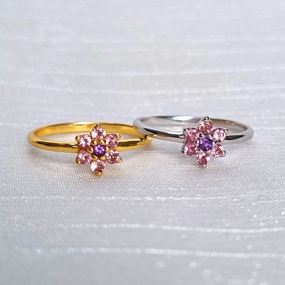 Pink Tourmaline and Amethyst Flower Ring in Sterling Silver - SJR London Timepiece