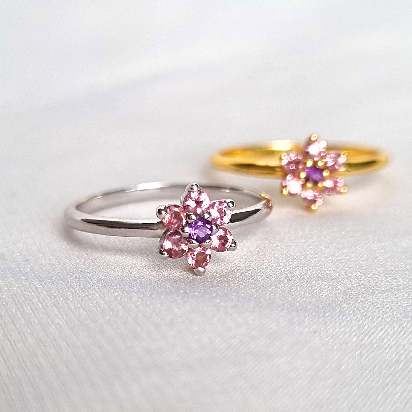 Pink Tourmaline and Amethyst Flower Ring in Sterling Silver - SJR London Timepiece