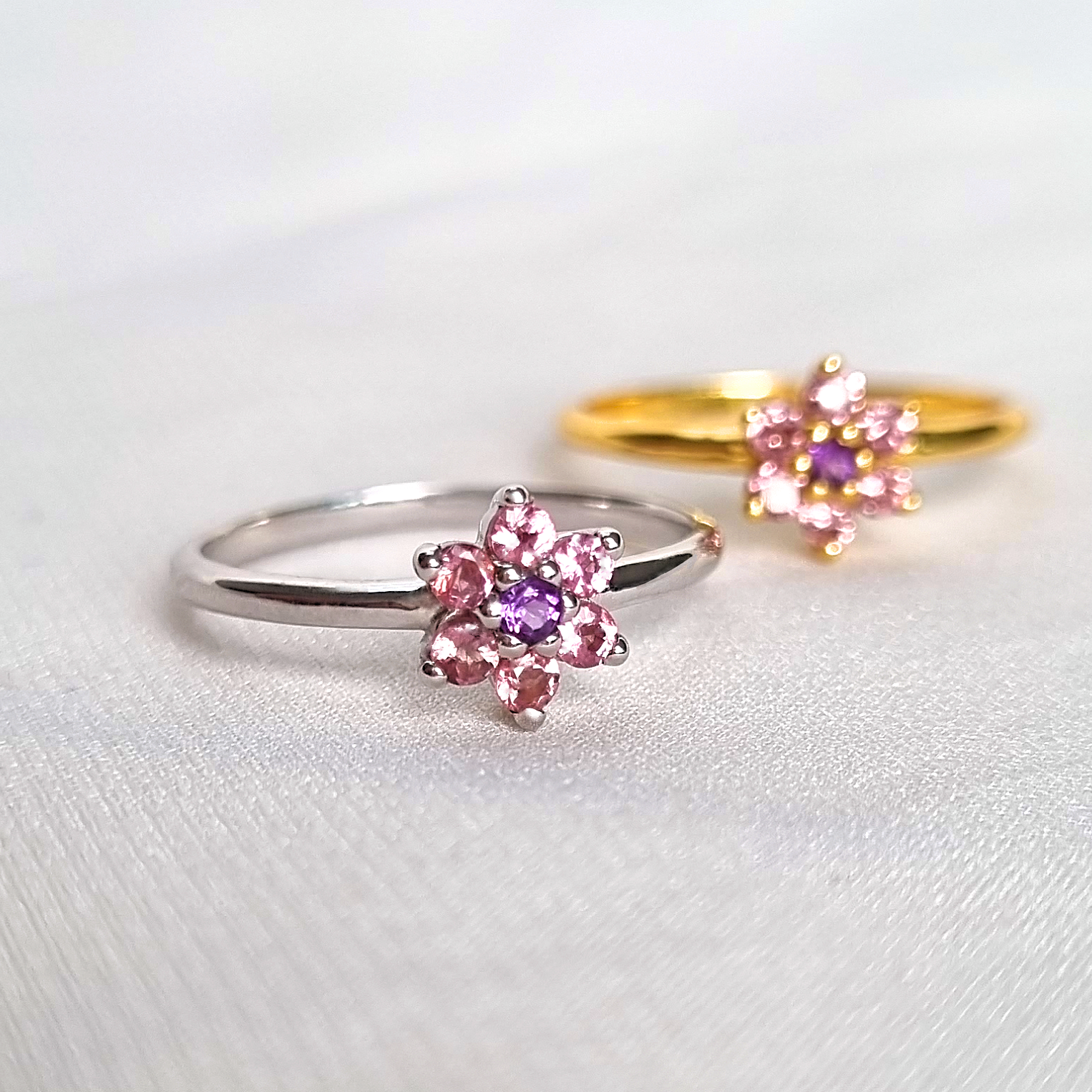 Pink Tourmaline and Amethyst Flower Ring in Sterling Silver - SJR London Timepiece
