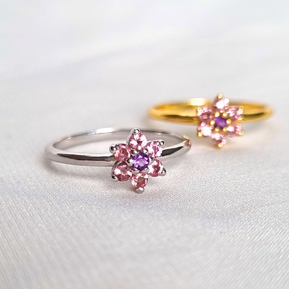 Pink Tourmaline and Amethyst Flower Ring in Sterling Silver - SJR London Timepiece