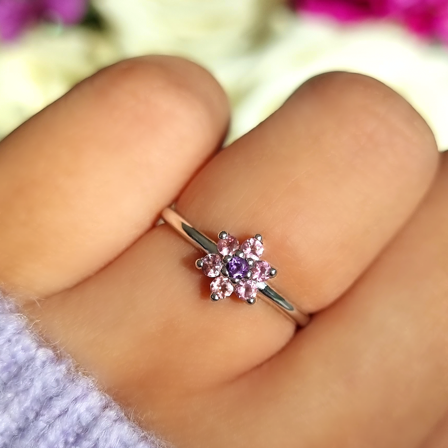 Pink Tourmaline and Amethyst Flower Ring in Sterling Silver - SJR London Timepiece