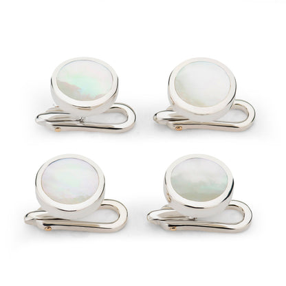 Sterling silver and mother of pearl dress studs with a polished finish by Benson & Clegg