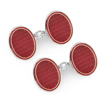 Oval cloisonne sterling silver cufflinks in burgundy with detailed enamel work by Benson & Clegg.
