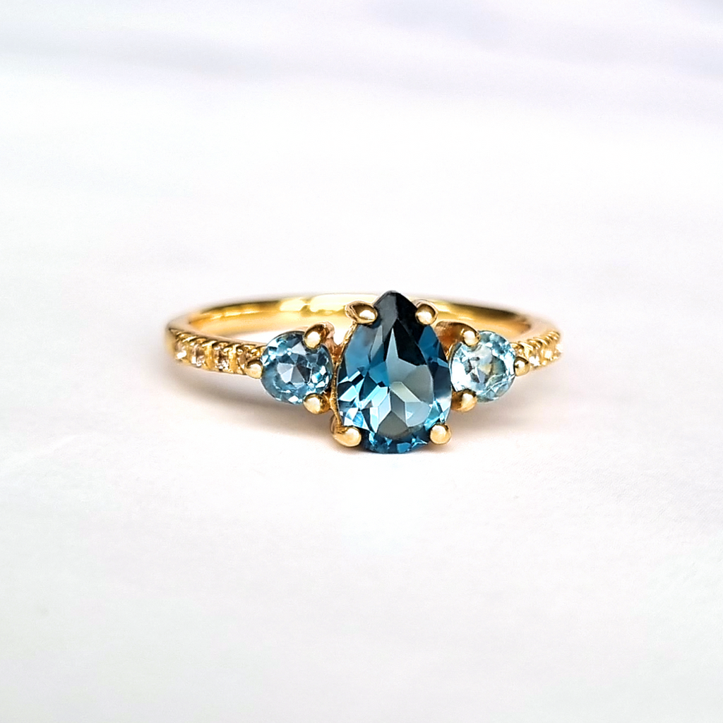 Bague Topaze Bleue de Londres et Topaze Swiss Blue en Vermeil d'Or 18 carats