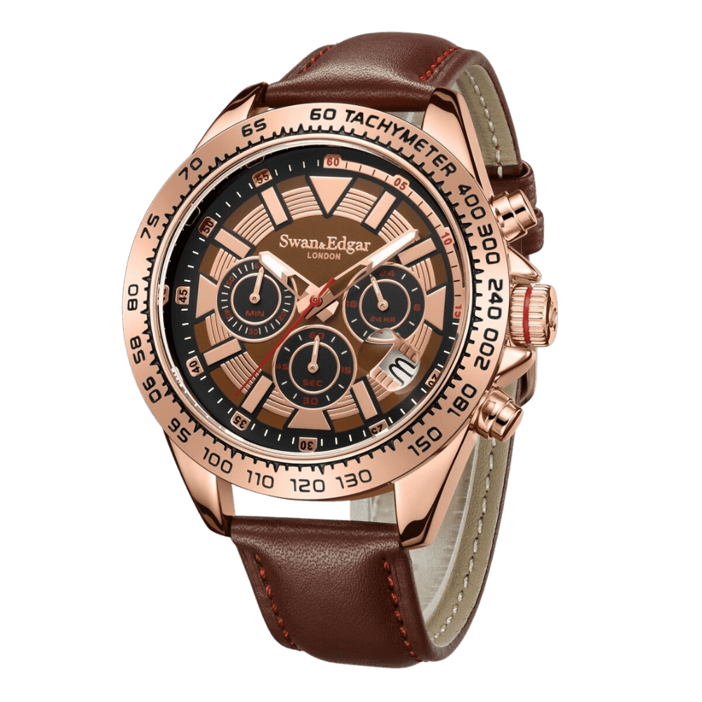Limited Edition Swan & Edgar Hand Assembled Speed Tracker Mechanical Quartz Rose Brown - SJR London Timepiece