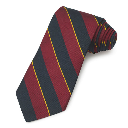 A three-fold silk reppe tie in deep navy blue with a subtle pattern, displayed flat on a white background, by Benson & Clegg.