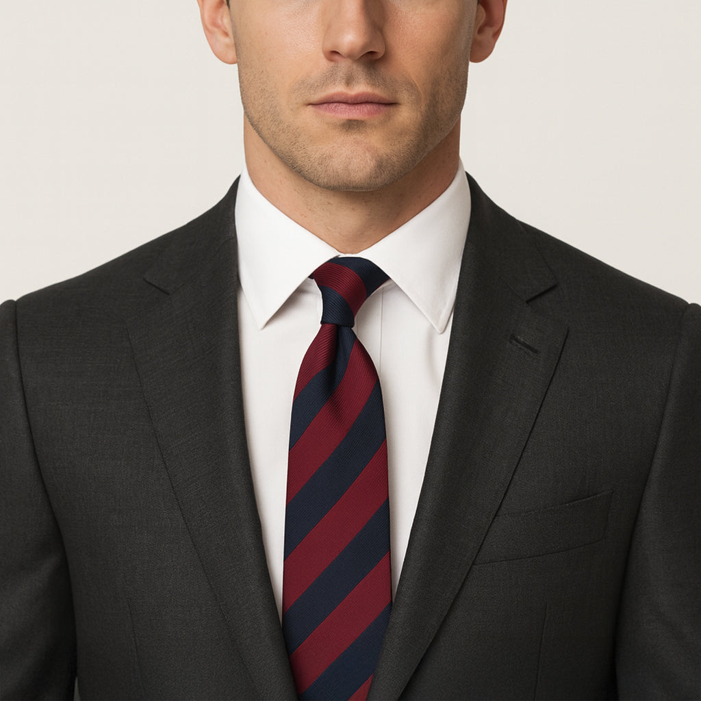 A three-fold silk tie in navy blue with gold trim, displayed on a wooden stand, featuring the Benson & Clegg logo by Benson &