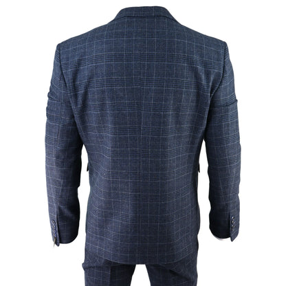 AK-13 - Men's Tweed 3 Piece Suit Blue Check 1920s Gatsby Blinders
