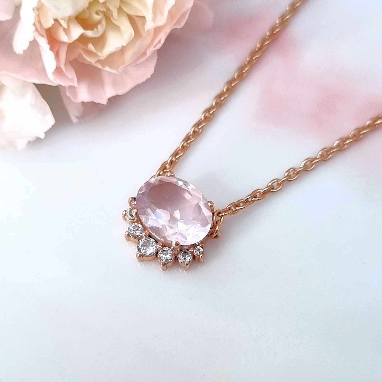 Aria Rose Quartz Necklace in 18k Rose Gold Vermeil - SJR London Timepiece