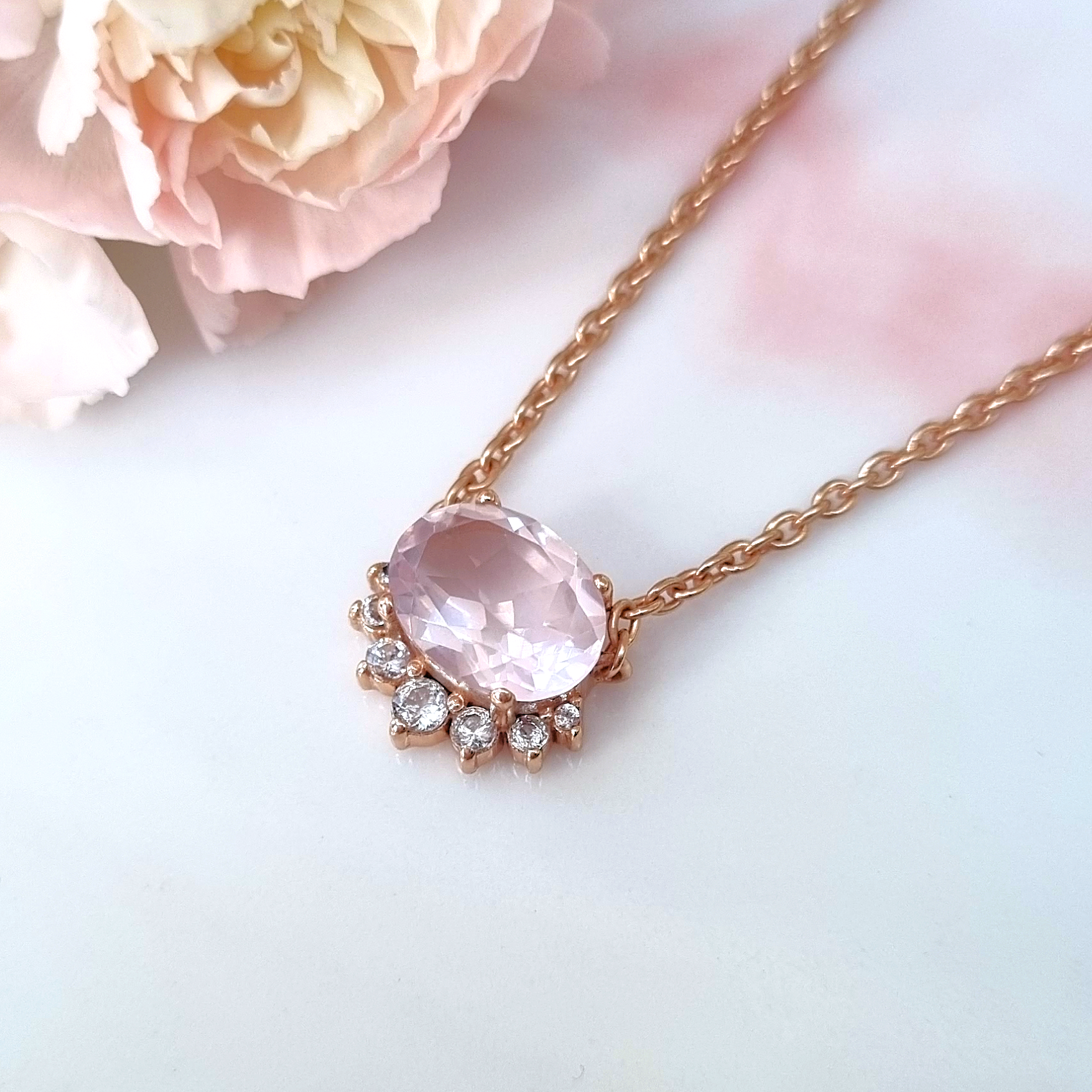 Aria Rose Quartz Necklace in 18k Rose Gold Vermeil - SJR London Timepiece
