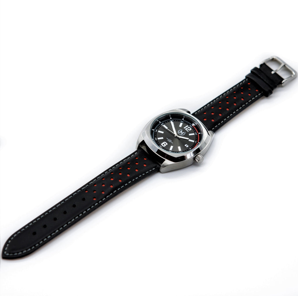 Bracelet de montre rallye en cuir noir et rouge, boucle ardillon argentée