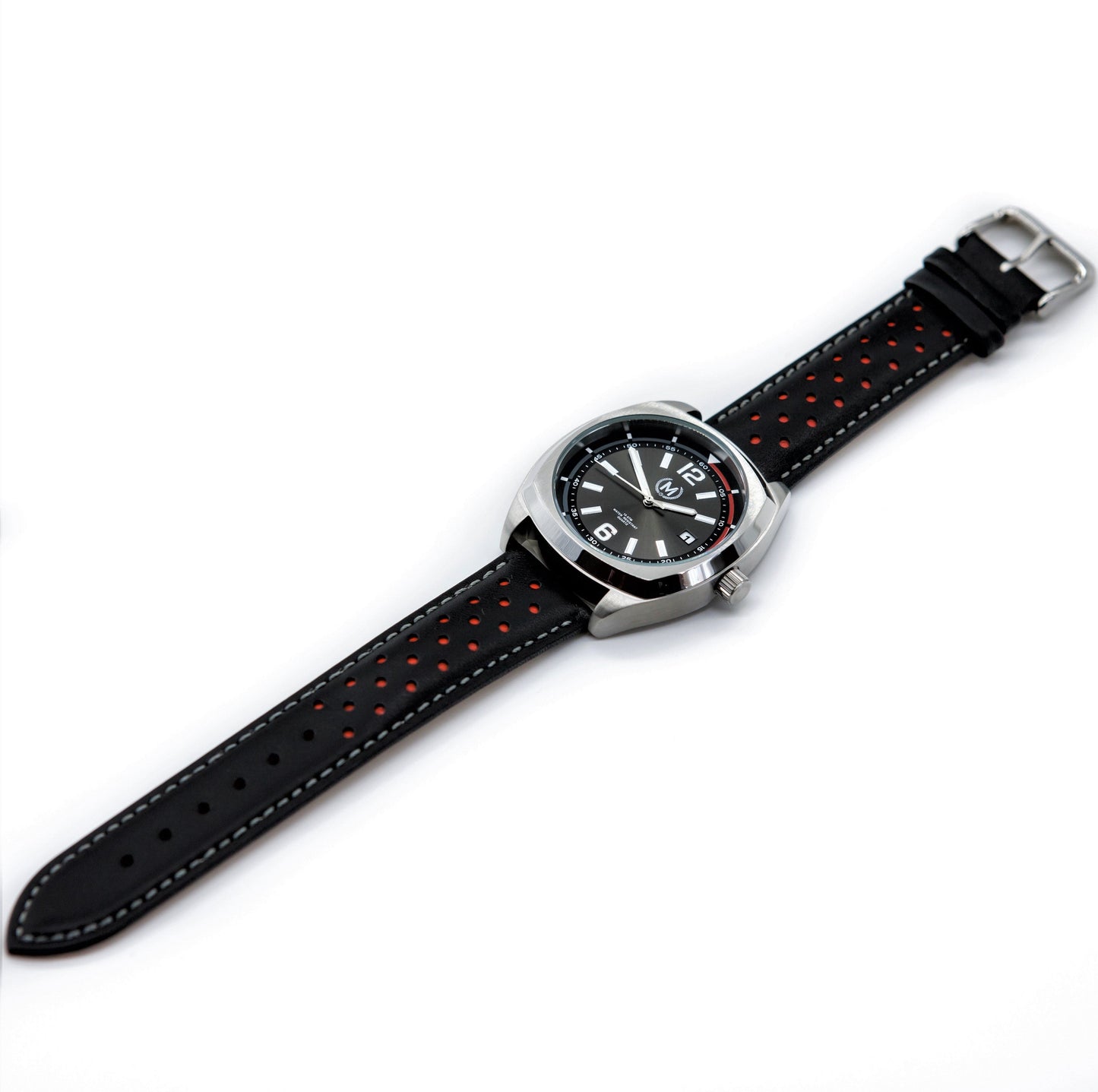 Black And Red Leather Rally Watch Strap, Silver Buckle - SJR London Timepiece