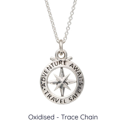 Travel Safe Outline Compass Small St Christopher Silver Necklace