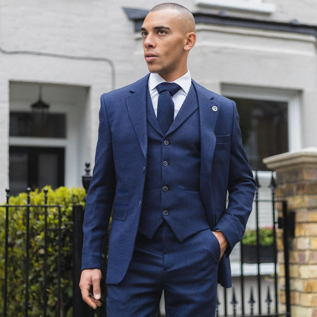 AK-04 - Men's Herringbone Tweed 3 Piece Blue Suit Wedding Blinders