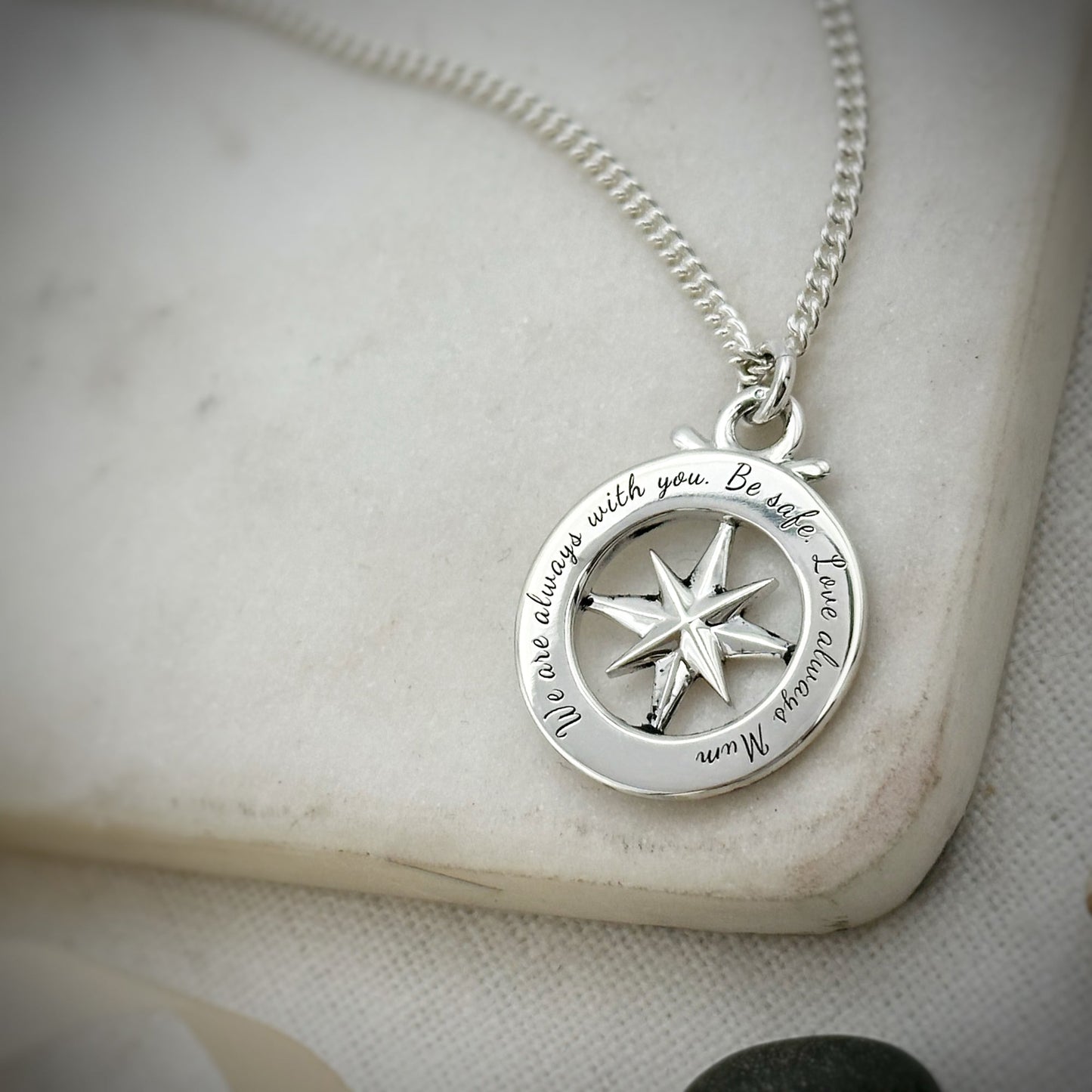 Travel Safe Outline Compass Large St Christopher Silver Necklace