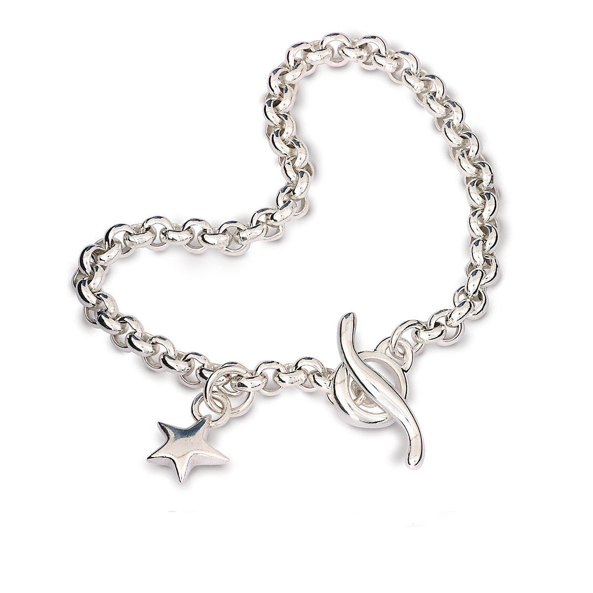 A silver belcher chain charm bracelet featuring a star-shaped charm, styled with a delicate dangle, by Scarlett Jewellery.