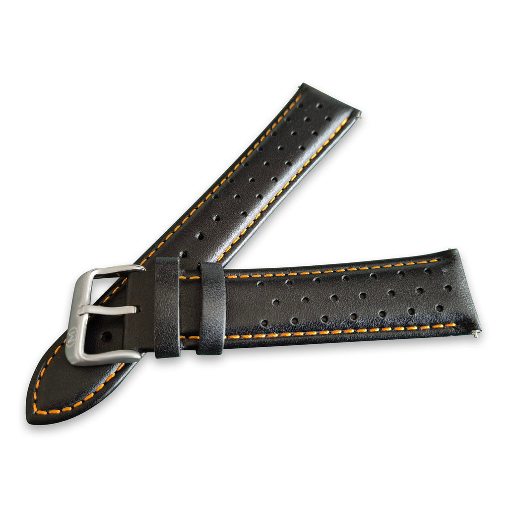 Bracelet de montre de rallye en cuir noir et orange