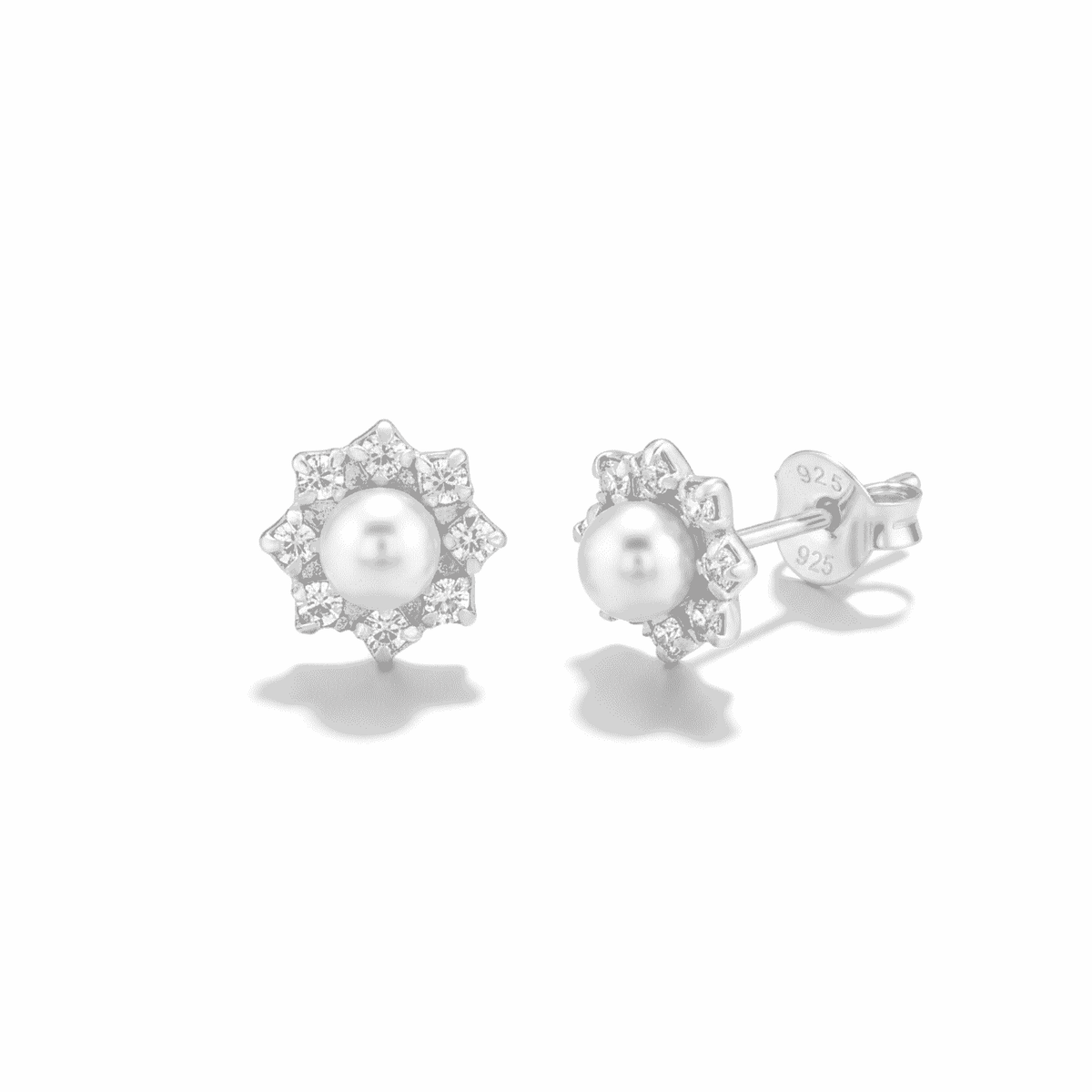 Sterling Silver Pearl & CZ Stud Earrings