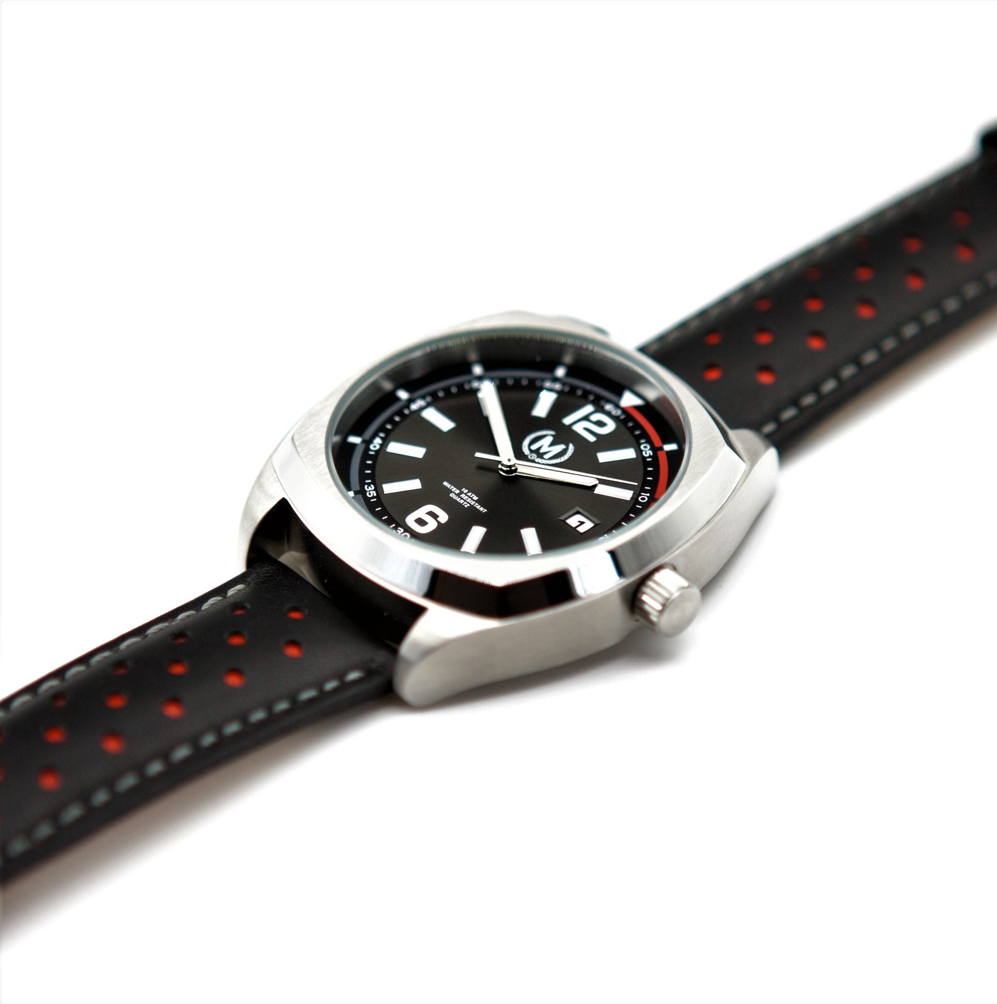 Black And Red Leather Rally Watch Strap, Silver Buckle - SJR London Timepiece