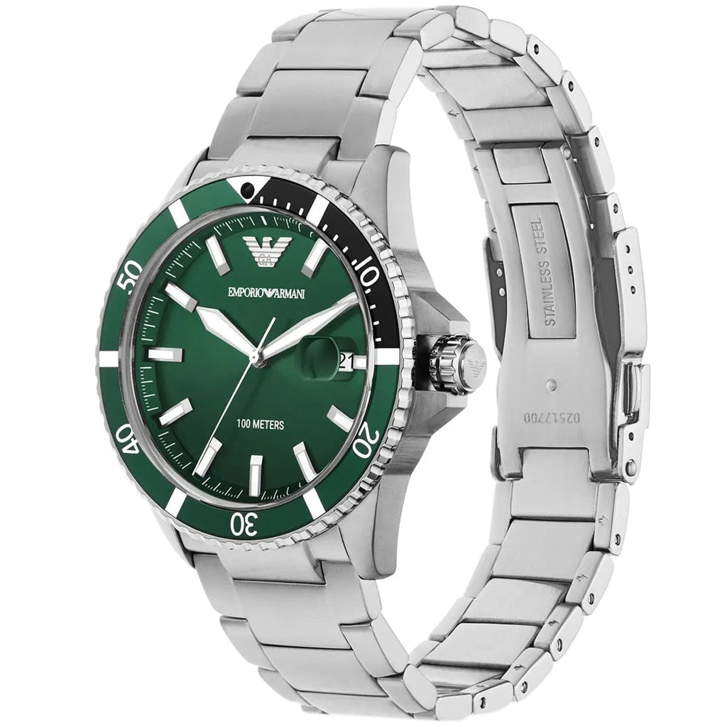 Montre Emporio Armani AR11338 pour homme, style plongeur, argent et vert