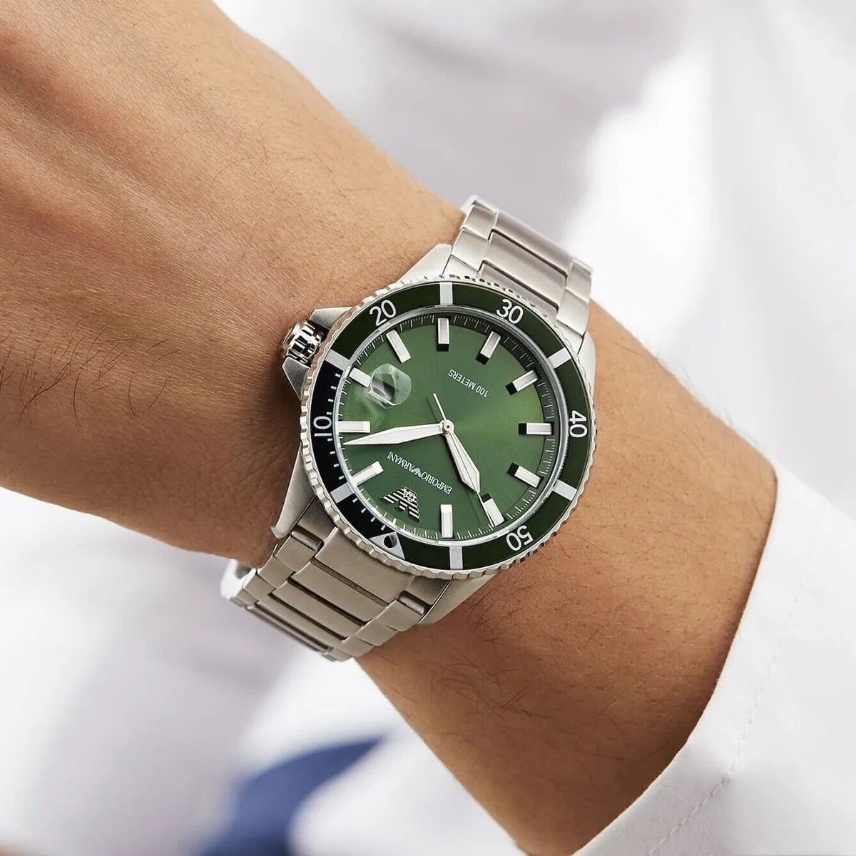 Emporio Armani AR11338 Men's Diver Style Silver & Green Watch - SJR London Timepiece